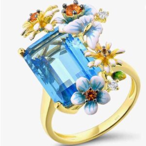 925 Sterling Silver Blue Daisy Ring for Women – Enamel Flower, Blue Glass & White CZ