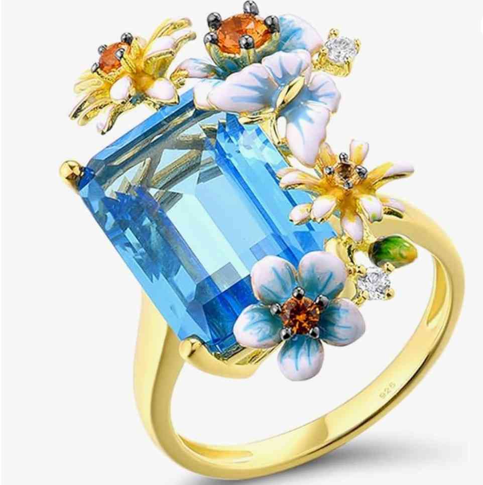 925 Sterling Silver Blue Daisy Ring for Women – Enamel Flower, Blue Glass & White CZ