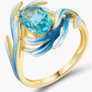 925 Sterling Silver Blue Lotus Ring for Women – Gold-Plated Enamel Flower Statement Ring