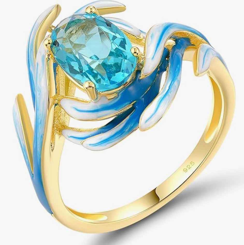 925 Sterling Silver Blue Lotus Ring for Women – Gold-Plated Enamel Flower Statement Ring