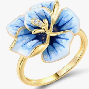 925 Sterling Silver Blue Orchid Ring for Women – Blue Enamel Flower & White CZ Statement Ring