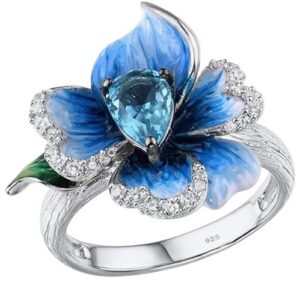 925 Sterling Silver Blue Peony Ring for Women – Enamel Flower, Blue Glass & CZ Statement Ring