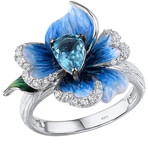 925 Sterling Silver Blue Peony Ring for Women – Enamel Flower, Blue Glass & CZ Statement Ring