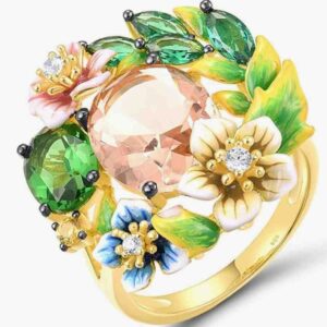 925 Sterling Silver Blue & Red Orchid Ring for Women – Enamel Flower & Green Spinel