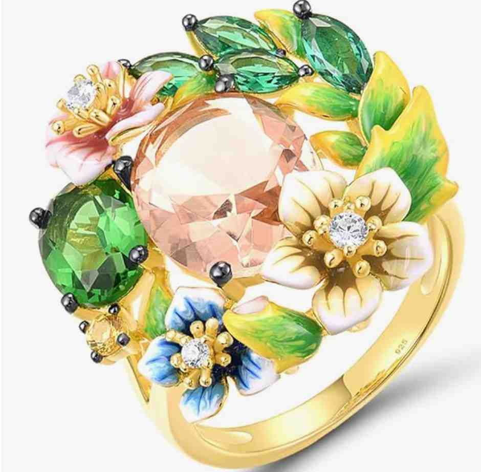 925 Sterling Silver Blue & Red Orchid Ring for Women – Enamel Flower & Green Spinel