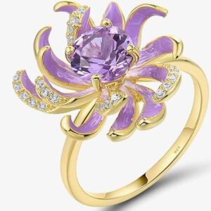 925 Sterling Silver Chrysanthemum Ring for Women – Handmade Enamel Purple