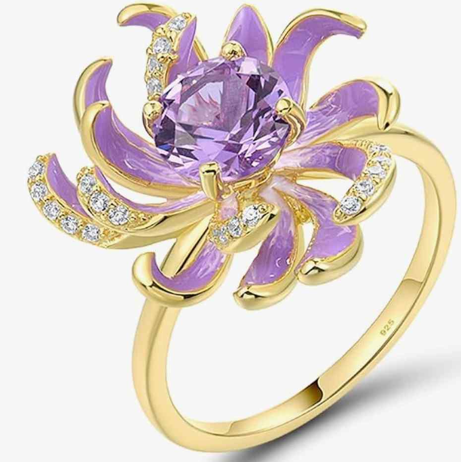 925 Sterling Silver Chrysanthemum Ring for Women – Handmade Enamel Purple