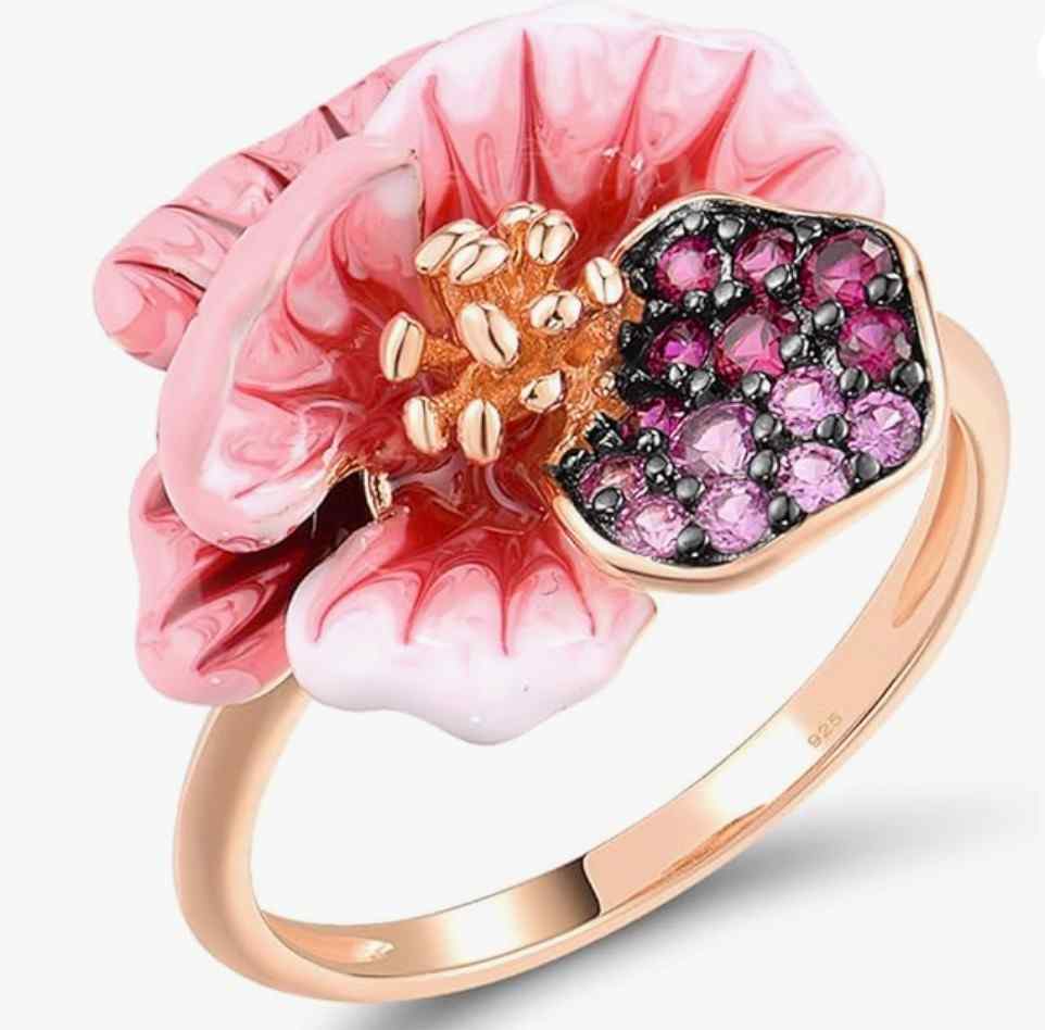 925 Sterling Silver Orchid Ring for Women – Pink Enamel & Created Pink Sapphire Flower Ring