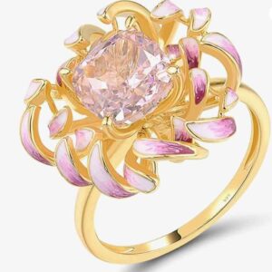 925 Sterling Silver Pink Chrysanthemum Ring for Women – Pink Enamel & CZ Gold-Plated Flower Statement Ring