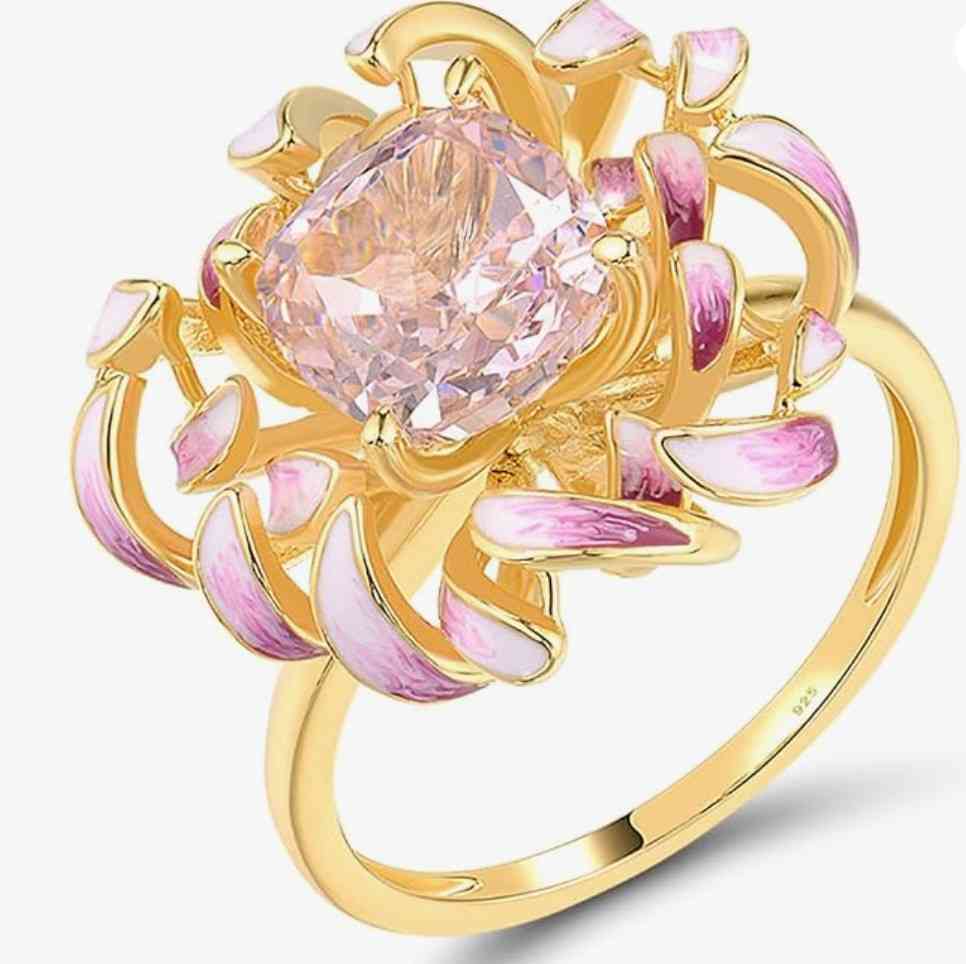 925 Sterling Silver Pink Chrysanthemum Ring for Women – Pink Enamel & CZ Gold-Plated Flower Statement Ring