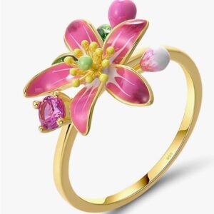 925 Sterling Silver Pink Lily Ring for Women – Enamel Flower & Created Pink Sapphire Statement Ring