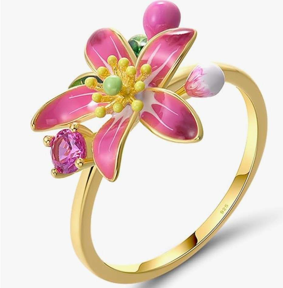 925 Sterling Silver Pink Lily Ring for Women – Enamel Flower & Created Pink Sapphire Statement Ring