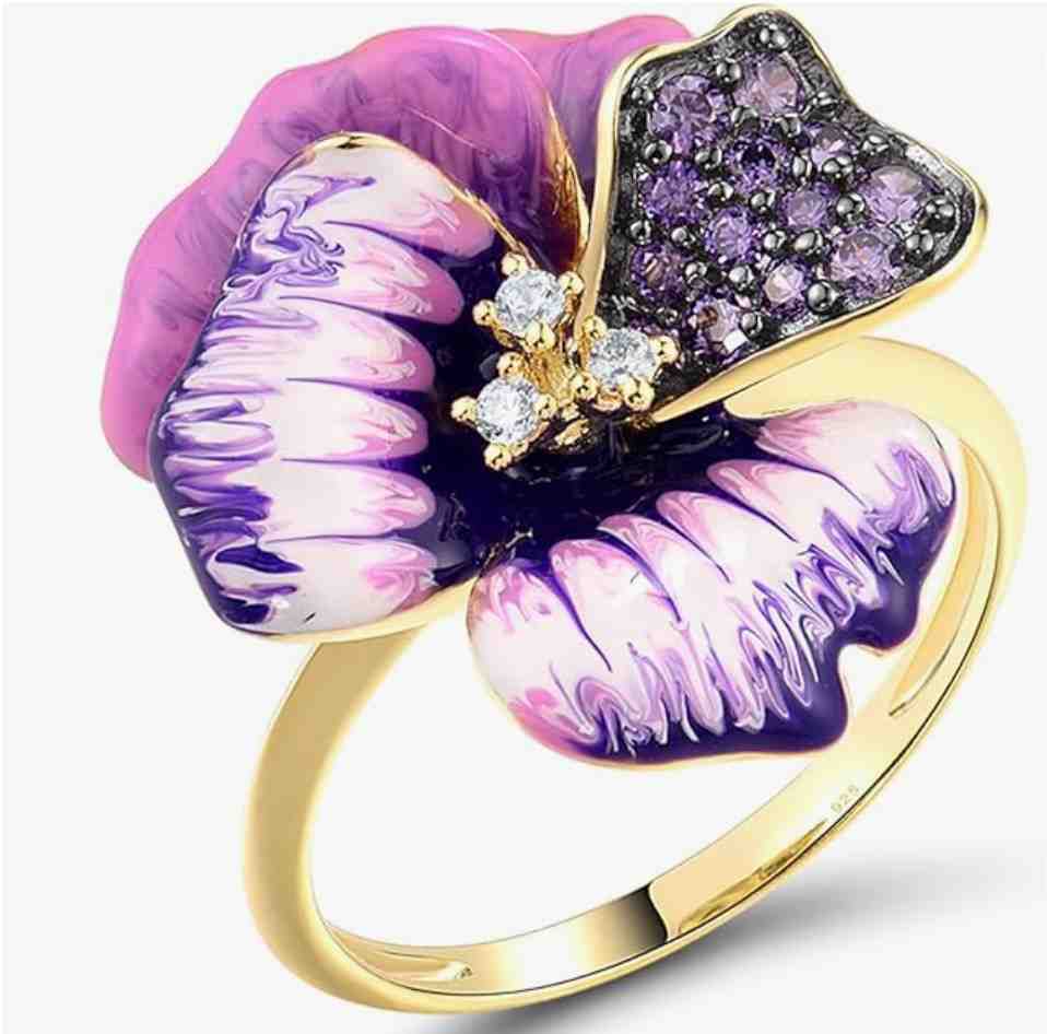 925 Sterling Silver Purple Orchid Ring for Women – Purple Enamel & Amethyst CZ Flower Statement Ring