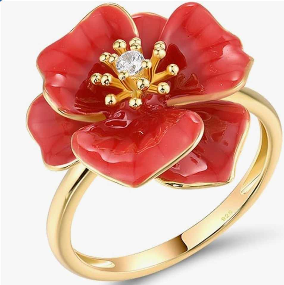 925 Sterling Silver Red Peony Ring for Women – Red Enamel Flower & White CZ Statement Ring